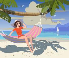 Girl in a homak on the beach under a palm tree. Vector. vector