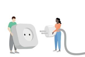 White guy with a huge socket and a black girl with a big plug in her hands, flat vector, isolate on white, compatibility, faceless illustration, people of different nationalities vector