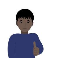 retrato de un niño de dibujos animados negro que muestra el pulgar hacia arriba, vector plano, aislado en blanco