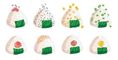 ilustración vectorial de onigiri. comida rápida japonesa hecha de arroz con relleno, moldeado en forma de triángulo en alga nori. vector