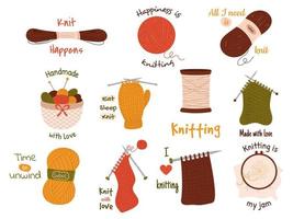 Knitting logo or symbol for handmade things. Wool yarns, knitting needles, yarn basket. vector