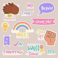 Job and great job groovy stickers pack. Set of reward stickers for teachers and kids. Hand drawn vector illustration.