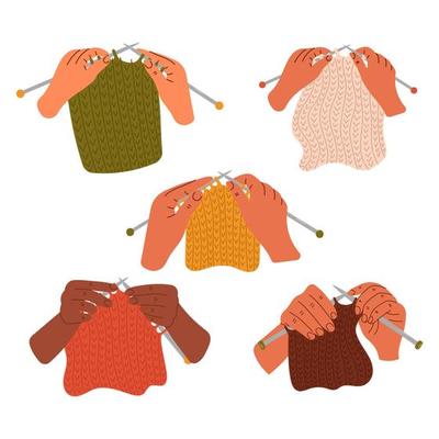 Woman hands are knitting with knitting needles. Knitting process. Wool yarns, hook, knitting needles. Hobby time, handmade things