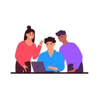 Man with laptop and his team. Teamwork concept. Flat vector illustration