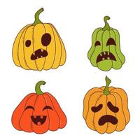 conjunto de calabazas de varias formas y colores con caras graciosas. elementos de halloween ilustración vectorial en estilo dibujado a mano vector