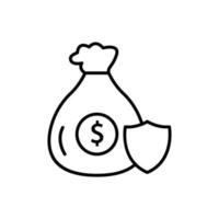 Money bag icon illustration with shield. Insurance symbol. Line icon style. suitable for apps, websites, mobile apps. icon related to finance. Simple vector design editable