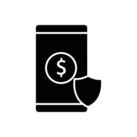 Mobile phone icon illustration with dollar and shield. Insurance symbol. glyph icon style. suitable for apps, websites, mobile apps. icon related to finance. Simple vector design editable