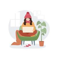 Girl wearing warm winter clothes working at the laptop at home. Cold temperature in the apartment. Saving energy resources. Vector illustration.
