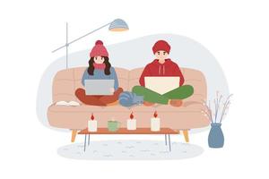 Girl and man wearing warm winter clothes working at the laptop at home. Cold temperature in the apartment. Saving energy resources. Vector illustration.