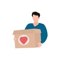 hombre voluntario sosteniendo una caja con un corazón. concepto de ayuda, atención social, voluntariado, apoyo a los pobres. ilustración vectorial plana de dibujos animados. vector