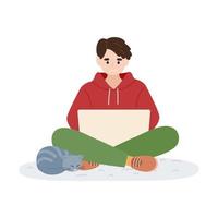 Man wearing warm winter clothes working at the laptop at home. Work from home, freelance. Cute cat. Vector illustration.