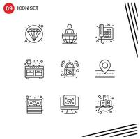 9 Thematic Vector Outlines and Editable Symbols of lock cooking phone pan kitchen Editable Vector Design Elements