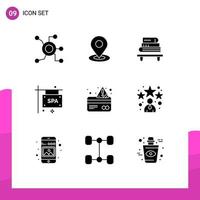 Set of 9 Commercial Solid Glyphs pack for alert spa location sign books Editable Vector Design Elements