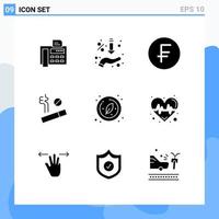 Mobile Interface Solid Glyph Set of 9 Pictograms of leaf smoking offer smoke dollar Editable Vector Design Elements