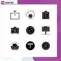 9 User Interface Solid Glyph Pack of modern Signs and Symbols of wireframe ui checklist layout health bag Editable Vector Design Elements