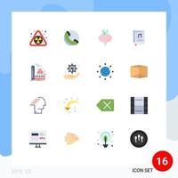 Pack of 16 Modern Flat Colors Signs and Symbols for Web Print Media such as alert factory vegetable pollution music Editable Pack of Creative Vector Design Elements