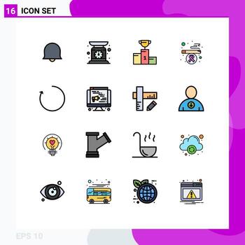 paquete de línea llena de color plano de 16 símbolos universales de la ceremonia de la flecha giratoria fumar cigarrillos elementos de diseño de vectores creativos editables