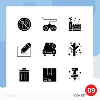 Pack of 9 Modern Solid Glyphs Signs and Symbols for Web Print Media such as less car eco manufacturing school write Editable Vector Design Elements