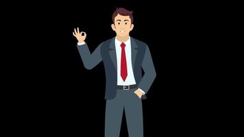 Businessman cartoon characters shows ok sign with finger 4k alpha channel video