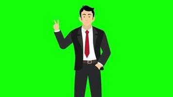 personnages de dessins animés d'homme d'affaires montrant le signe de la victoire avec une animation d'écran vert à deux doigts 4k video
