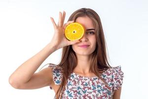 girl with orange slices in hands photo