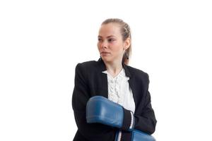 Portrait of sexual young girl in a black jacket and boxing gloves photo