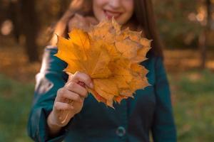 young girl stretched forth a hand with autumn leaves close-up photo