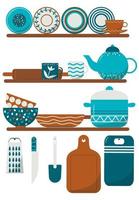 Cozy flat kitchen utensils illustrations. Kitchenware cooking objects, equipment for cooking, cups, dishes, bowls, knives, cutlery, pots. Stock vector illustration, eps 10