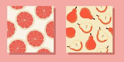 Set of seamless fruit pattern. Pears and oranges. Pattern in contemporary style.Fabric, wrapping paper, wallpaper design. Trendy fruits. Stock vector illustration, eps 10.