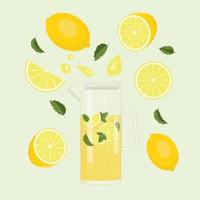 Refreshing lemonade illustration. Jug with with lemons and ice cubes. Vector illustration