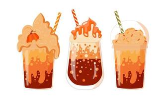 Set of Pumpkin spice latte, Autumn food and drinks. Vector illustration.