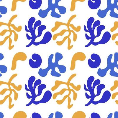 Seamless vector pattern with abstract matisse style shapes. Hand drawn cutout silhouettes of branches, blobs, corals. Contemporary doodle art background