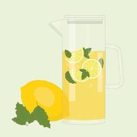 Refreshing lemonade illustration. Jug with with lemons and ice cubes. Vector illustration