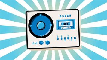 magnétophone à cassette de musique audio rétro ancien hipster vintage pour les geeks des années 70, 80, 90 sur fond de rayons abstraits bleus. vidéo en haute qualité 4k, motion design video