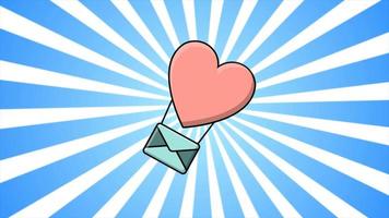 A festive heart-shaped balloon and an envelope with a love letter for Valentine's Day on a background of blue abstract rays. Abstract background. Video in high quality 4k, motion design