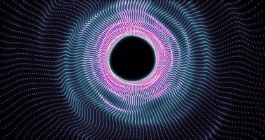 fundo de túnel abstrato com ondas mágicas de energia azul e roxa brilhantes e linhas de pequenas partículas digitais em design de movimento de animação 4K de alta resolução video