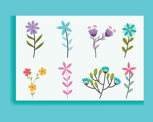 Set of spring colorful flowers. Set of floral branches. Isolated on white for greeting cards, Easter, and thanksgiving. Spring set, hand-drawn elements.