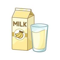 vaso alto de leche de plátano y caja de cartón de leche clipart. lindo diseño de ilustración de vector plano simple. Impresión de bebida láctea de yogur con sabor a fruta de plátano, pegatina, elemento infográfico, etc.