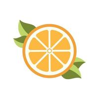 Orange citrus fruit half slice with wedges and leaves illustration. Simple flat icon logo clip art element vector design