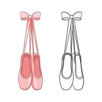 Hanging pink Pointe shoes clipart, ballet shoes tied up with a bow simple flat vector illustration. Ballerina, ballet dancer footwear equipment sign symbol.