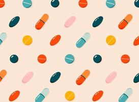 pastillas de colores, drogas, vitaminas patrón sin costuras. concepto de salud, coronavirus y medicina. ilustración vectorial moderna dibujada a mano para banner web, diseño de tarjeta. vector