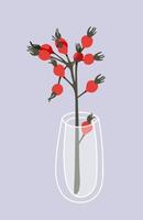 Glass vase with rose hip branch in it. Hand drawn floral illustration. Home decor concept. Modern flat drawing for logo, pattern, web and app design. vector