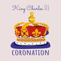 King Charles III Coronation text. Edwards crown. Prince Charles of Wales becomes King of England vector illustration