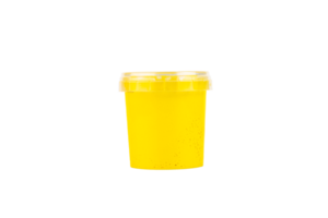 Yellow watercolor paint in a jar. Transparent background. PNG