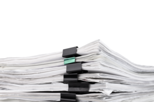 Stack of papers with paper clips, office folders. Transparent background. PNG. png