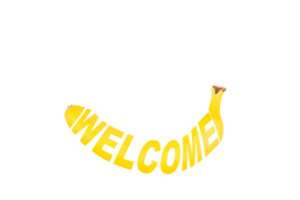 Welcome, text written on yellow ripe banana. Transparent background. PNG. copy space. png