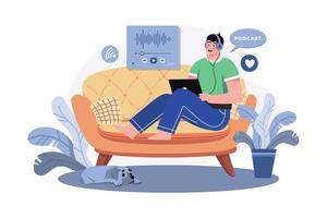 Man Listening To The Podcast While Sitting On A Couch vector