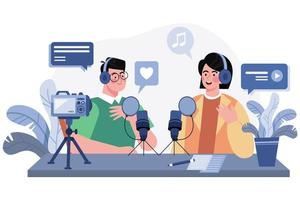 hombre y mujer grabando una conversación de podcast vector