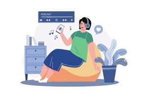 Woman Listening To A Podcast While Sitting On A Beanbag vector