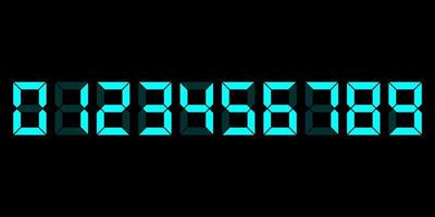 Conjunto de números de reloj electrónico digital de cero a nueve cian. conjunto de dígitos led lcd para el contador, reloj, maqueta de calculadora en un diseño de estilo plano aislado en fondo negro. vector